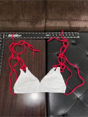 White Ribbed Triangle Bikini Top with Red Ties
